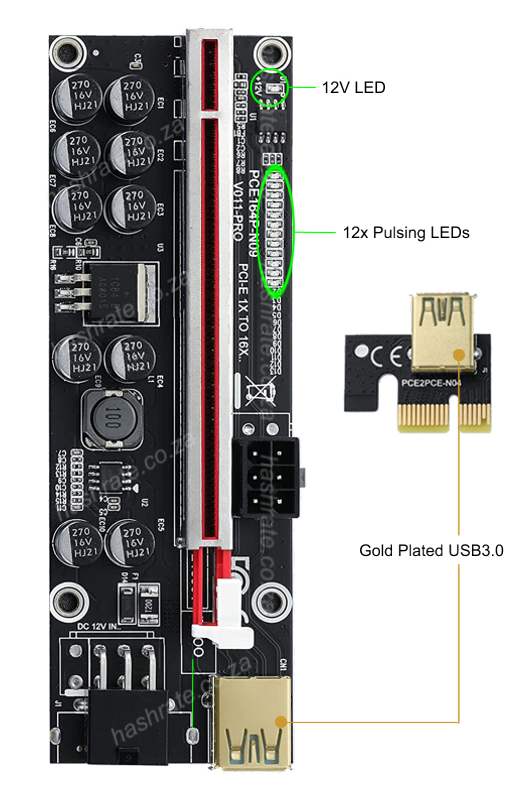 PCIe Riser Card - VER011 PRO GE - 12V - 2 x 6PIN, 10x Solid Caps, 13x ...
